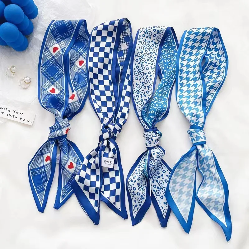 Bandana Cotton - Kleinblauer Seidenschal, neues Schachbrett-Stirnband für Damen,
